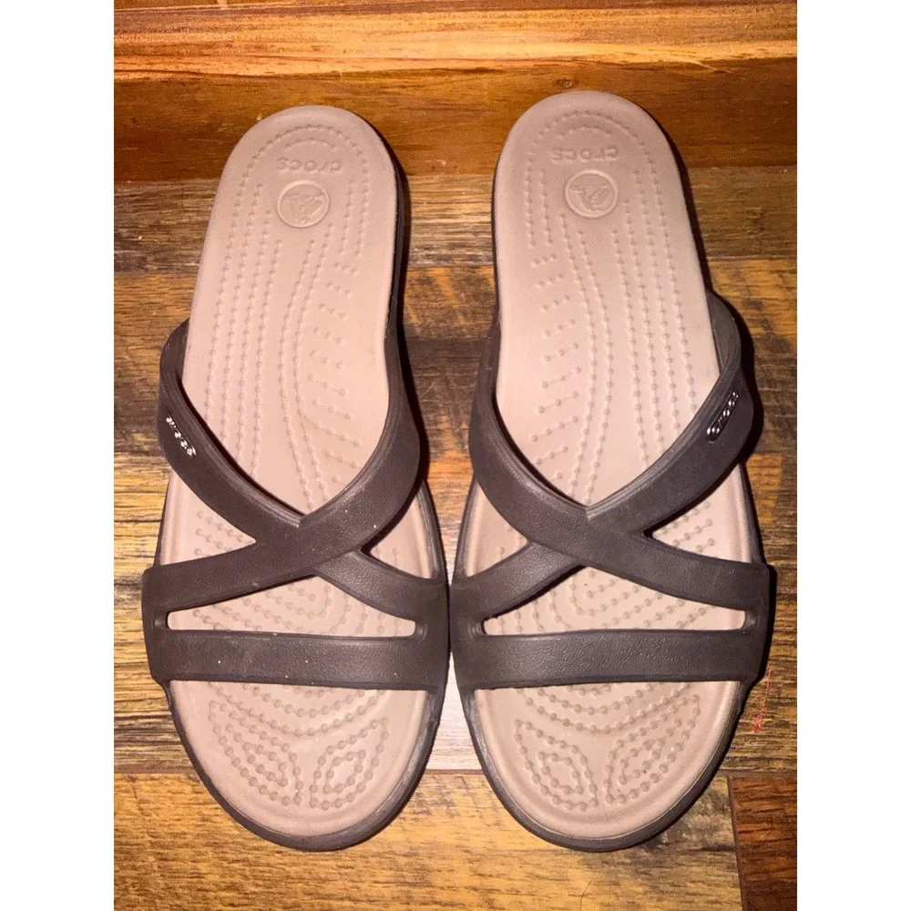 Crocs Women Meleen Cross-Band Wedge Sandals Espresso Brown Size 7 11853